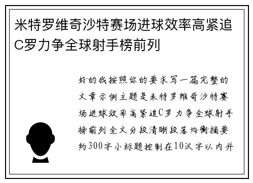 米特罗维奇沙特赛场进球效率高紧追C罗力争全球射手榜前列 米特罗维奇沙特赛场进球效率高紧追C罗力争全球射手榜前列