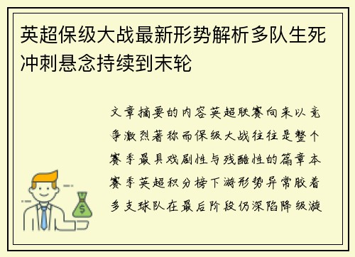 英超保级大战最新形势解析多队生死冲刺悬念持续到末轮 英超保级大战最新形势解析多队生死冲刺悬念持续到末轮