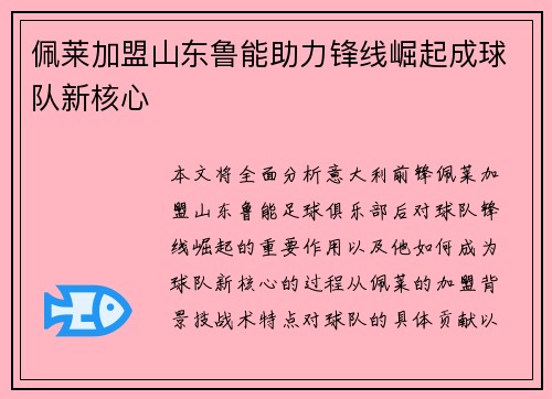 佩莱加盟山东鲁能助力锋线崛起成球队新核心 佩莱加盟山东鲁能助力锋线崛起成球队新核心